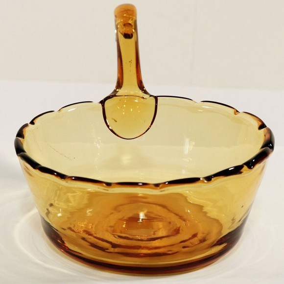 Vintage Amber Glass 5.5" Scalloped Edge Bowl With 4" Scroll Handle - Picture 2 of 9